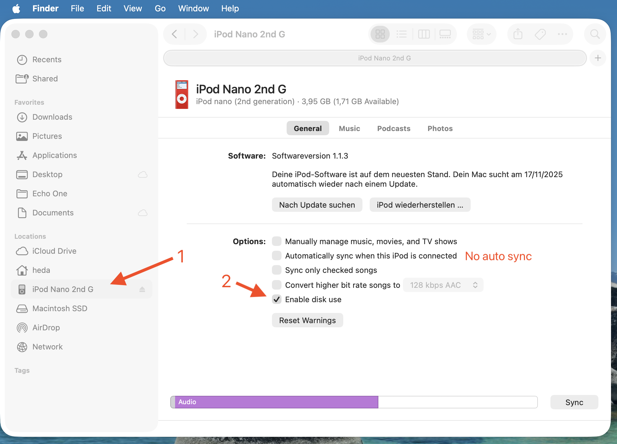 iPod Settings in Finder - enable Disk Use